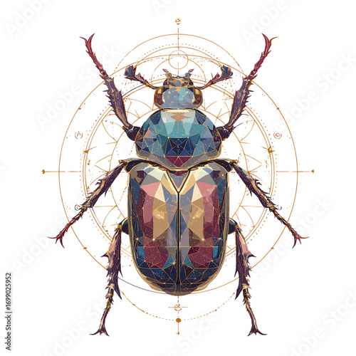 Geometric beetle on mystic background: This artful composition features a meticulously crafted geometric beetle with a striking color palette, set against a backdrop of an intricate geometric design.