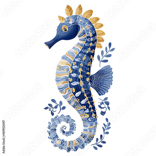 Elegant Seahorse in Watercolor: An exquisite seahorse, rendered in delicate watercolor, gracefully dances amidst botanical embellishments. Its vibrant, aquatic charm evokes the depths of the ocean.