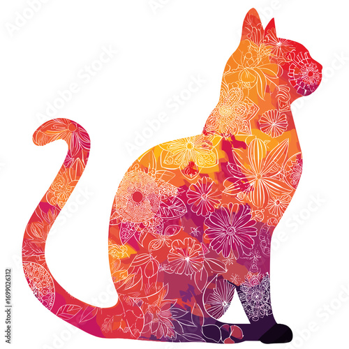Floral Silhouette of a Cat: A vibrant cat, filled with a symphony of floral designs, embodies the fusion of nature and feline elegance. The artwork is a burst of color, and a symbol of artistry.
