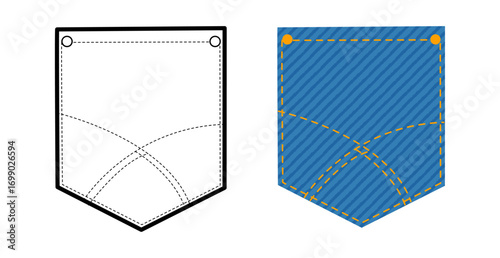 Jeans Angled Top-stitched Patch Pocket technical fashion illustration. Flat apparel line template and color. Women, men unisex style item CAD mockup isolated on white background 