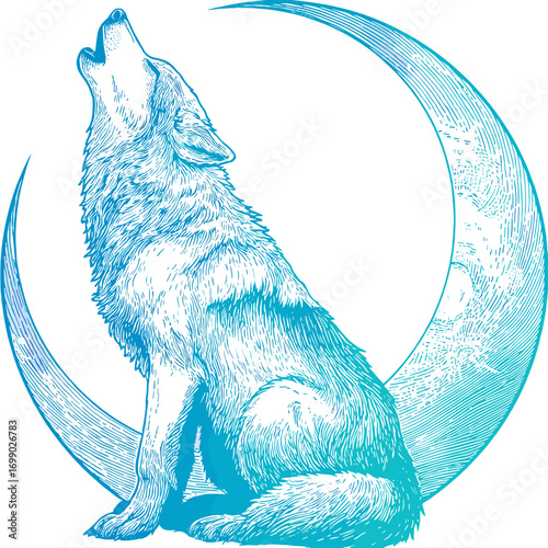 Moonlit Wolf: A lone wolf, bathed in ethereal blue hues, howls at the crescent moon, creating a mystical and evocative scene.