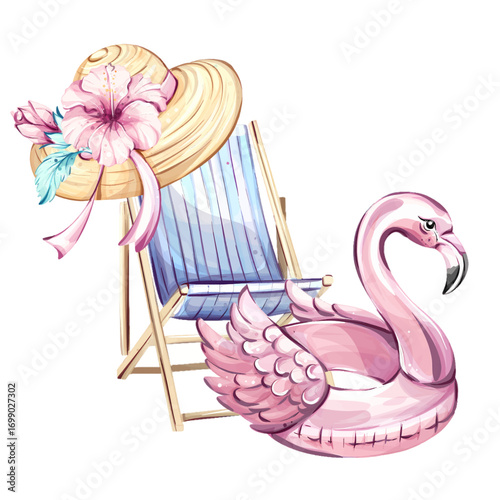 Bright summer vibes with a stylish sun hat, a comfortable beach chair, and a whimsical flamingo float, perfect for sunny days by the ocean or poolside lounging