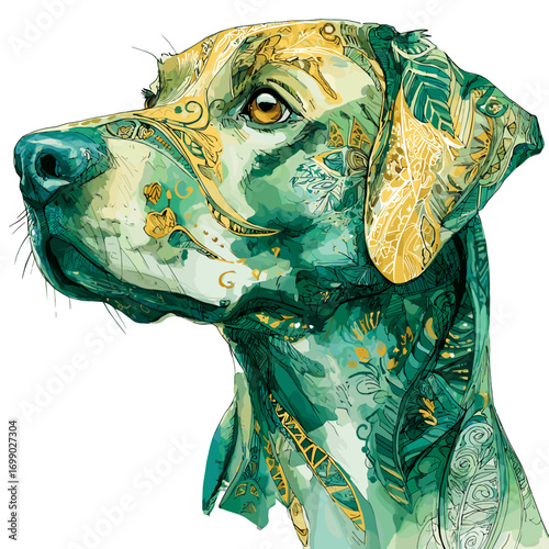 Artistic Dog Portrait: A beautifully intricate and vibrant artwork showcases a dog's profile adorned with a fusion of ornate patterns, capturing the essence of animal artistry and artistic expression.
