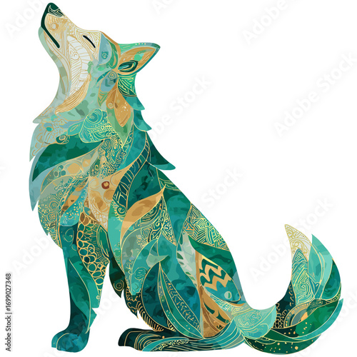 Geometric Wolf in Serene Harmony: An abstract depiction of a solitary wolf, composed of mosaic-like shapes and gentle hues, evokes a sense of peace and introspection.