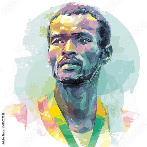 Triumph of Athletics: An artistic portrait of a determined athlete, adorned with a medal, capturing the essence of triumph, dedication, and sporting excellence.