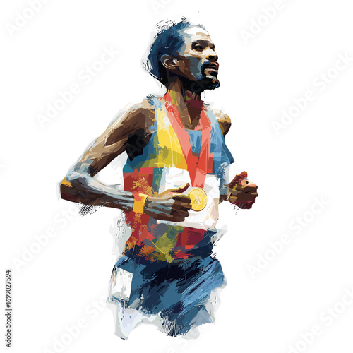 Marathon Runner's Triumph: Capturing the spirit of perseverance, an illustration depicts a marathon runner adorned with a medal, radiating a victorious aura. 
