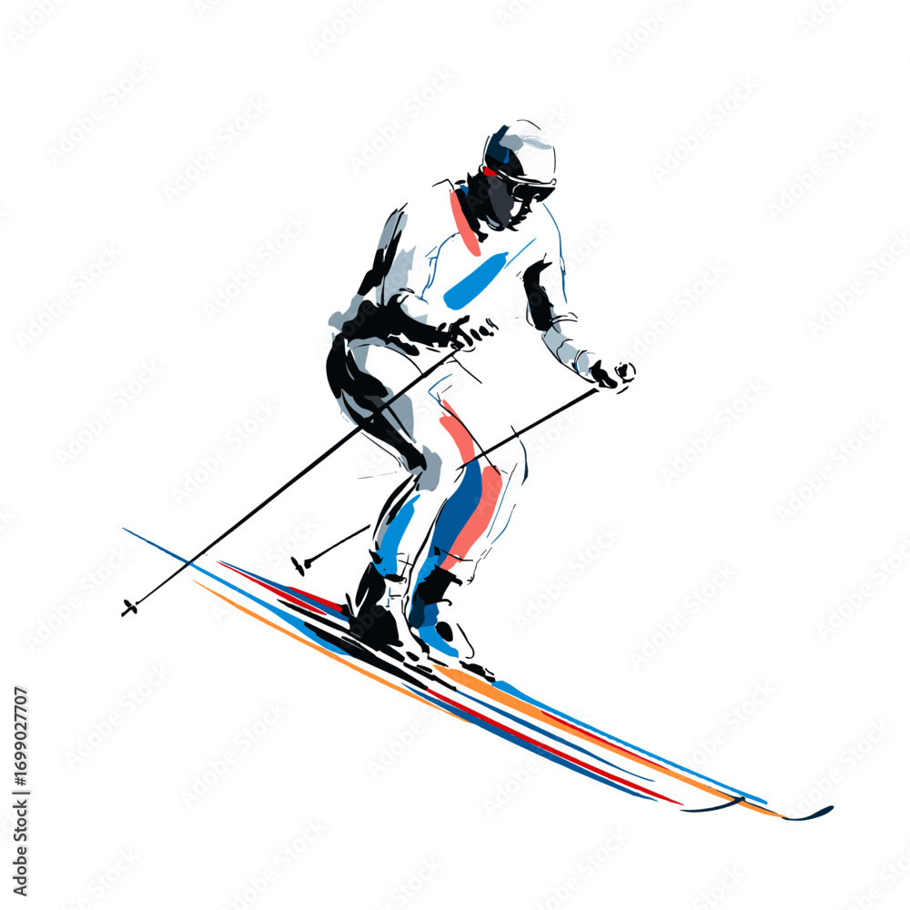 Fototapeta premium Dynamic Descent: A stylized illustration captures the thrill of alpine skiing, showcasing a skier expertly navigating a snowy slope with speed and precision.