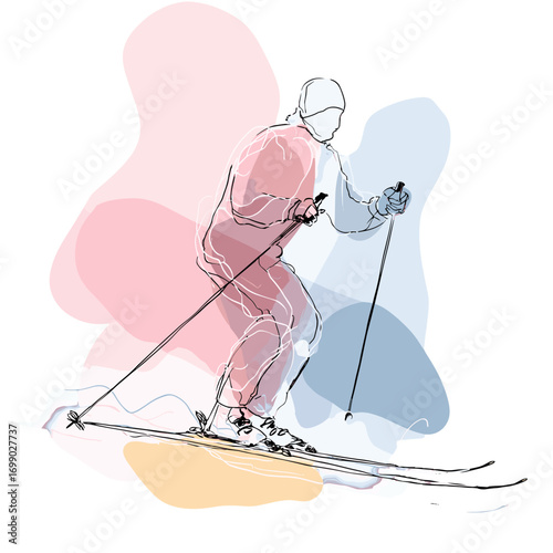 Snow Skiing: A minimalist line art depiction of a skier gracefully gliding down a snowy slope. It captures the essence of speed, freedom, and the thrill of winter sports.