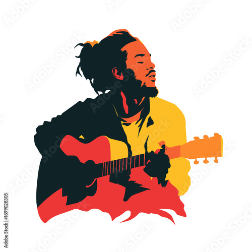Melodic Musician: A skilled musician, in a vibrant, artistically stylized composition, passionately strums his guitar, emanating the rhythmic resonance of a soulful song.