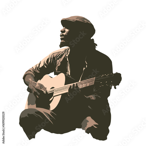 Solitary Guitarist in Thought: Capturing the soul of music, a solitary guitarist with focused concentration, rendered in stylized artistic expression.