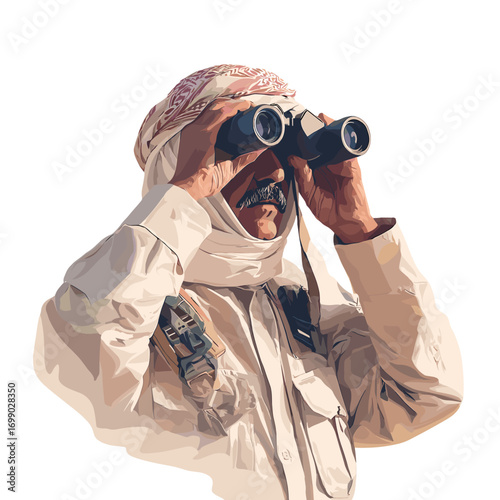 Observation in the Desert: A portrait of a man looking through binoculars, standing in a desert landscape, dressed in traditional attire. The artwork evokes exploration and contemplation. 