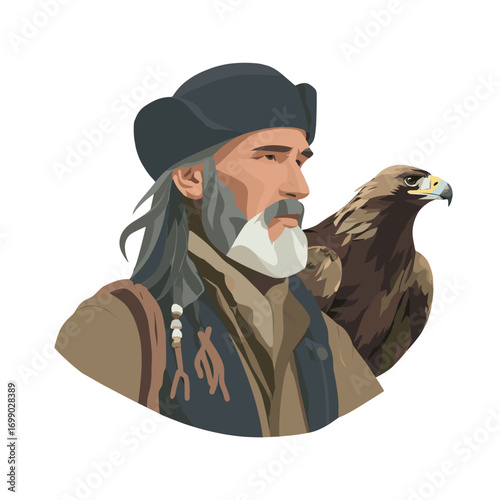Guardian and Eagle: An old man, weathered and wise, stands proud with his loyal eagle companion, symbolizing tradition and strength, gazing thoughtfully into the distance.