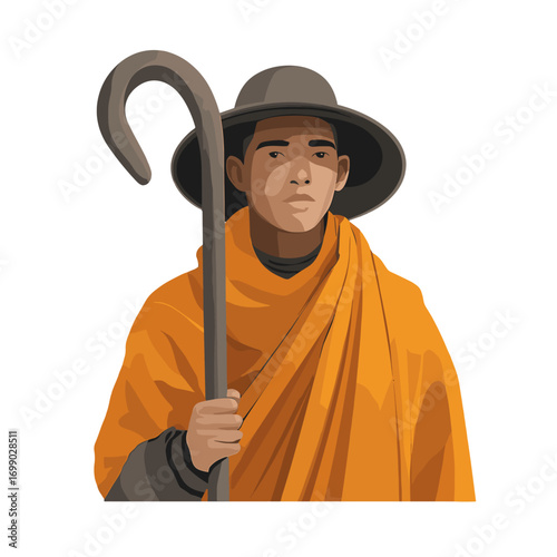 Serene Shepherd with a Guiding Crook: A thoughtful portrait of a shepherd draped in vibrant orange cloth, set against a clean background, standing with the steadfast support of a curved staff.