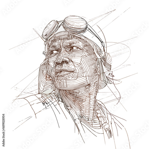 The Aviator's Gaze: A detailed line art illustration of an aviator, eyes fixed in anticipation, evoking a sense of adventure and historical charm. 