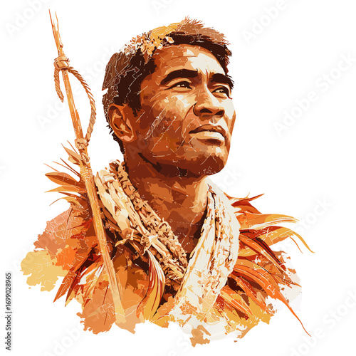 Triumph of Cultural Heritage: A striking digital artwork depicts a warrior with a spear, his gaze fixed on the horizon. The artwork captures the essence of tradition, and the beauty of cultural roots.