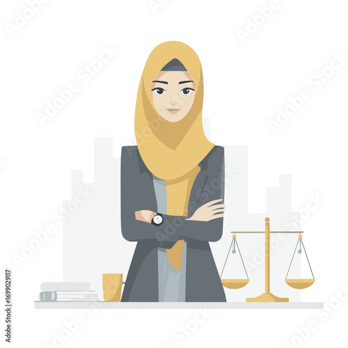 The Empowered Advocate: An illustrated portrayal of a confident, professional figure standing before scales of justice, representing a woman in the legal field.