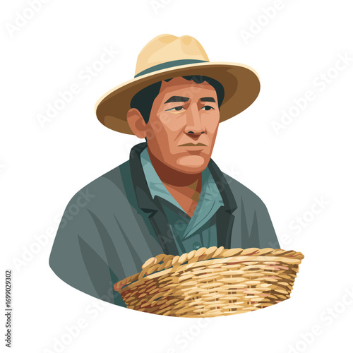 Farmer with Basket: A portrait of a stoic farmer wearing a straw hat and holding a woven basket. Embodying simplicity and hard work.