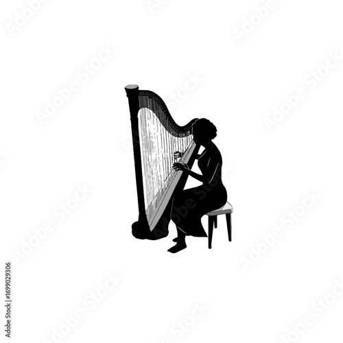 Melody of Silhouette: A silhouette of a musician playing a grand harp, evokes a serene atmosphere, perfect for musical projects and artistic concepts.
