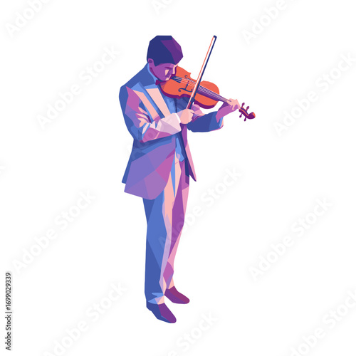 Melodious Maestro: A captivating polygonal artwork presents a man absorbed in the artistry of playing a violin, evoking a sense of serenity and skill