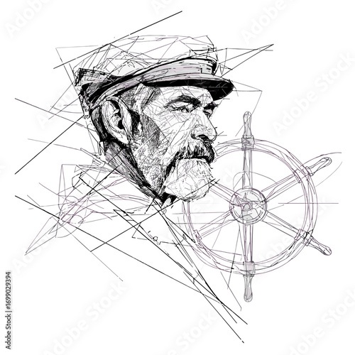 The Sailor's Gaze: An artistic depiction of a weathered sailor, a vintage masterpiece blending classical nautical themes with modern linework.