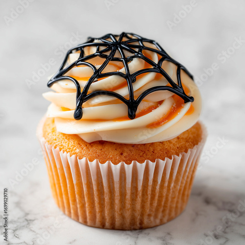 Halloween donut with spider web glaze, white background