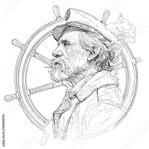 Seafarer's Portrait: A seasoned seafarer, with a weathered face and unwavering gaze, stands steadfastly beside a ship's wheel, exuding experience and fortitude.