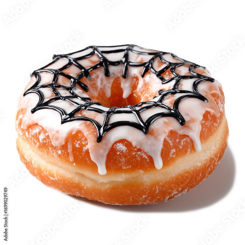 Halloween donut with spider web glaze, white background