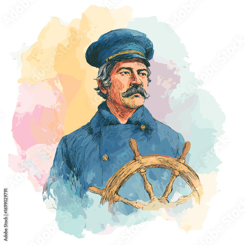 A Sailor's Nautical Soul: A commanding watercolor portrait of a weathered sailor, adorned in a classic blue uniform, with a focused gaze holding a ship's wheel.