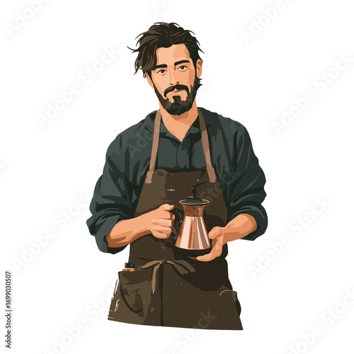 Expert Barista with Coffee Maker: A skilled barista, dressed in a professional apron, stands with a traditional coffee maker, capturing the essence of artisanal coffee culture.