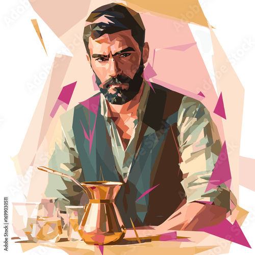 Artisan Coffee Maker: A focused barista, embodying the artistry and dedication behind coffee creation, seen through an illustration with dynamic polygonal features, creating a unique artistic vision.