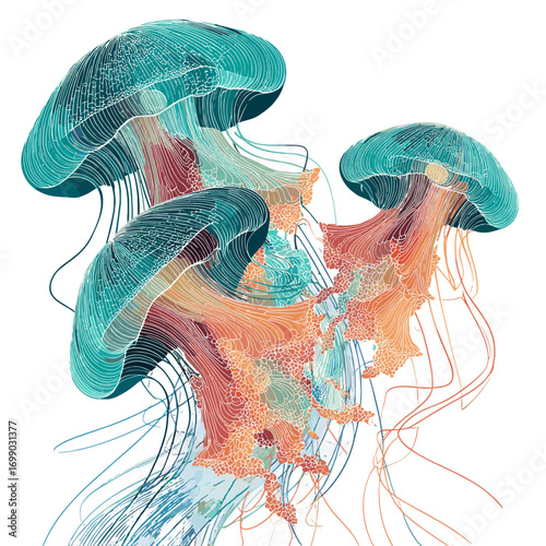 Aquatic Elegance: Translucent jellyfish with flowing tentacles swim gracefully against a luminous backdrop, Their ethereal forms radiate vibrant colors.