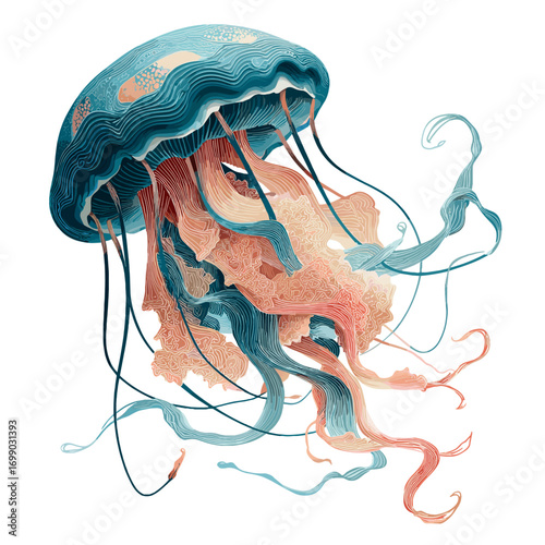 Oceanic Jellyfish: Dive into the mesmerizing world of the ocean with this exquisite illustration of a graceful jellyfish, boasting intricate details and vibrant hues.