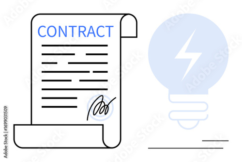 Close-up of a signed contract scroll beside a glowing light bulb, symbolizing agreements, innovation, and ideas. Ideal for business, negotiation, creativity, law, entrepreneurship intellectual