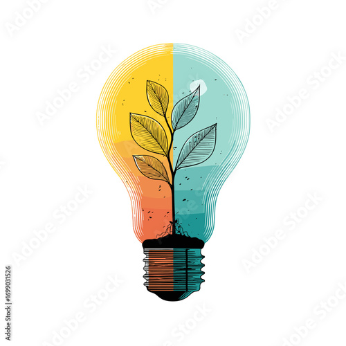 Eco-Innovation: A vibrant illustration showing a lightbulb split into segments of color, with a plant growing from its base, symbolizing environmental innovation and growth.
