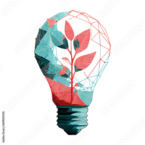 Eco-Innovation Concept: A striking graphic depicting a stylized light bulb embracing a budding plant, conveying concepts of innovation, green energy, and sustainable growth.