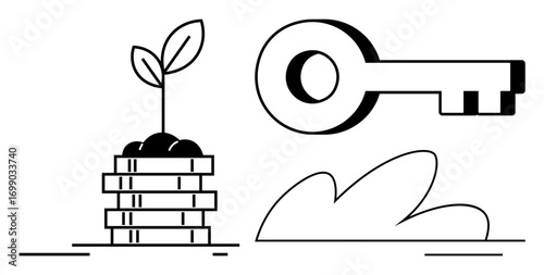 Plant growing from coin stack symbolizes financial growth and success, with a key representing solutions and opportunities. Ideal for finance, innovation, sustainability, investment