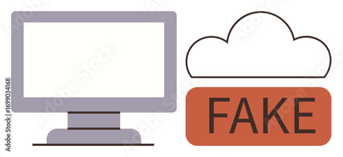 Computer monitor beside cloud tagged FAKE illustrating false online information. Ideal for cybersecurity, misinformation, technology awareness, digital ethics, online fraud, fake news, simple flat