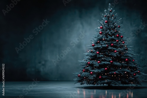 Christmas tree decorated with red ornaments and lights in a dark, moody indoor setting during the holiday season