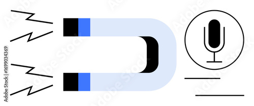 Magnet pulls sound waves toward a microphone, symbolizing attraction, communication, or energy flow. Ideal for marketing, podcasting, branding, media, engagement energy simple landing page