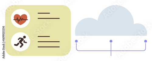 Heartbeat and running activity icons with related data stored on cloud server. Ideal for health technology, fitness tracking, telemedicine, data synchronization, wellness apps, healthcare innovation