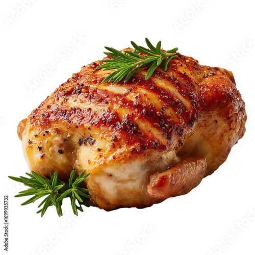 The turkey is garnished with sprigs of fresh rosemary concept. Deliciously roasted chicken garnished with fresh herbs.