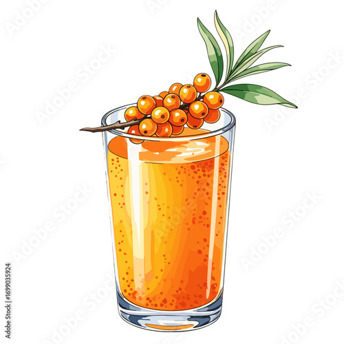 Fresh Juicy Sea Buckthorn Drink in Glass with Garnish Perfect for Refreshing Summer Beverages