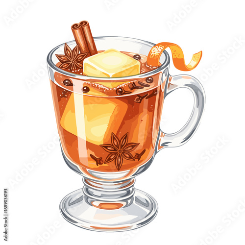 Watercolor Illustration of a Warm Spiced Beverage with Butter, Cinnamon Stick, Star Anise, Cloves, and Orange Peel in a Glass Mug