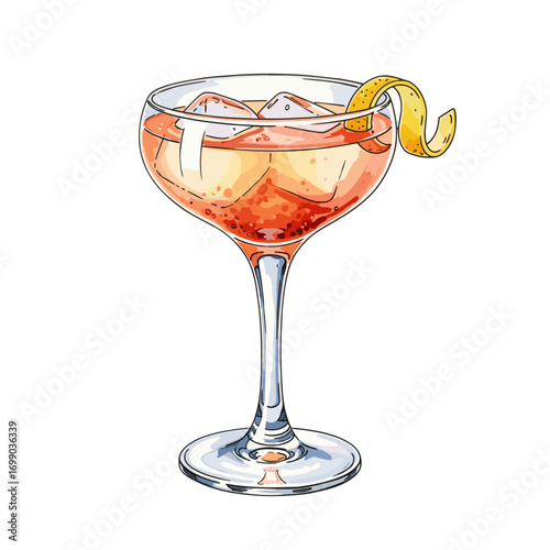 Refreshing illustrated cocktail in a coupe glass with ice and a lemon twist, perfect for summer drinks and bar menus