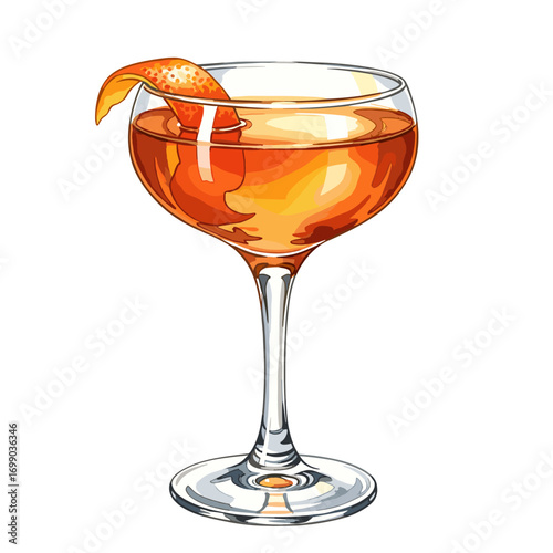Refreshing Orange Cocktail in Elegant Coupe Glass with Citrus Garnish; Vibrant Alcoholic Beverage Illustration Isolated on White Background for Summer Drinks and Party Themes