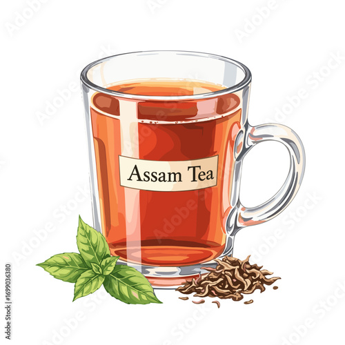Assam Tea Glass Fresh Brewed Herbal Drink with Mint Leaves and Tea Leaves
