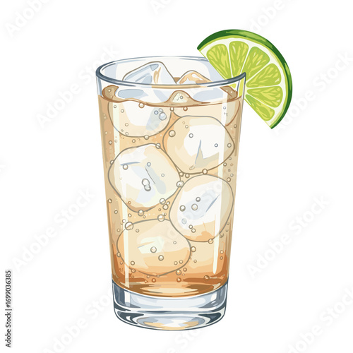 Refreshing Beverage Glass with Ice Cubes and Lime Garnish for Summer Enjoyment