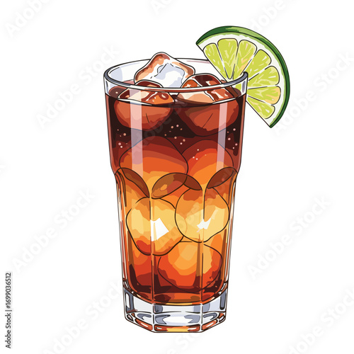Refreshing dark beverage with ice cubes and a fresh lime wedge in a tall glass, perfect for summer drinks or cocktails.
