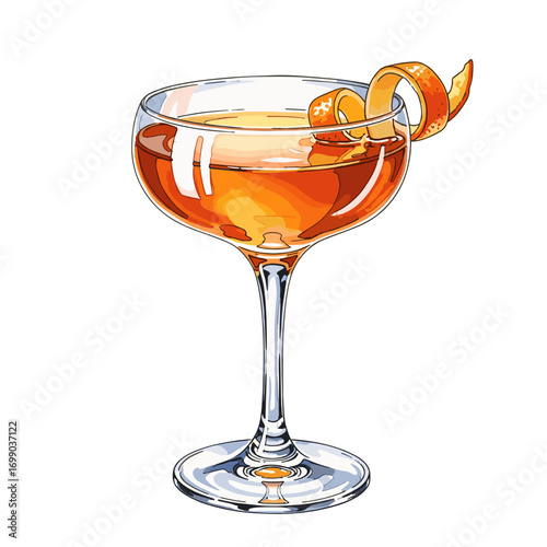 Vibrant orange cocktail in a classic coupe glass with an elegant citrus peel garnish, isolated vector illustration.
