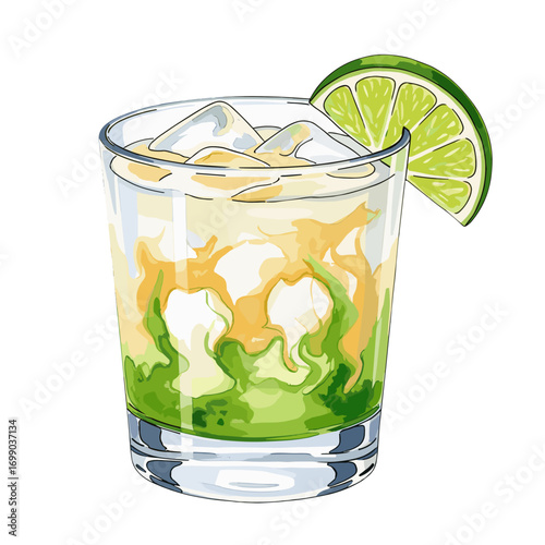 Refreshing Green Lime Cocktail with Ice in a Short Glass Garnished with Lime Wedge